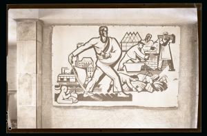 Sgraffito für den Schalterraum einer Sparkassenfiliale in Potsdam-West (1949), Foto: Max Baur / Sammlung Potsdam Museum